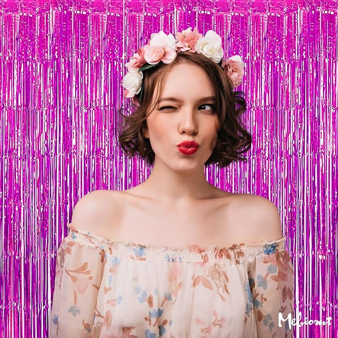4 Pack Fuchsia Fringe Curtain Backdrop, 3.2Ft x 8.2Ft Metallic Tinsel Foil Fringe Streamers Background for Photo Booth Birthday Wedding Baby Shower Carnival Easter Mother’s Day Party Decorations