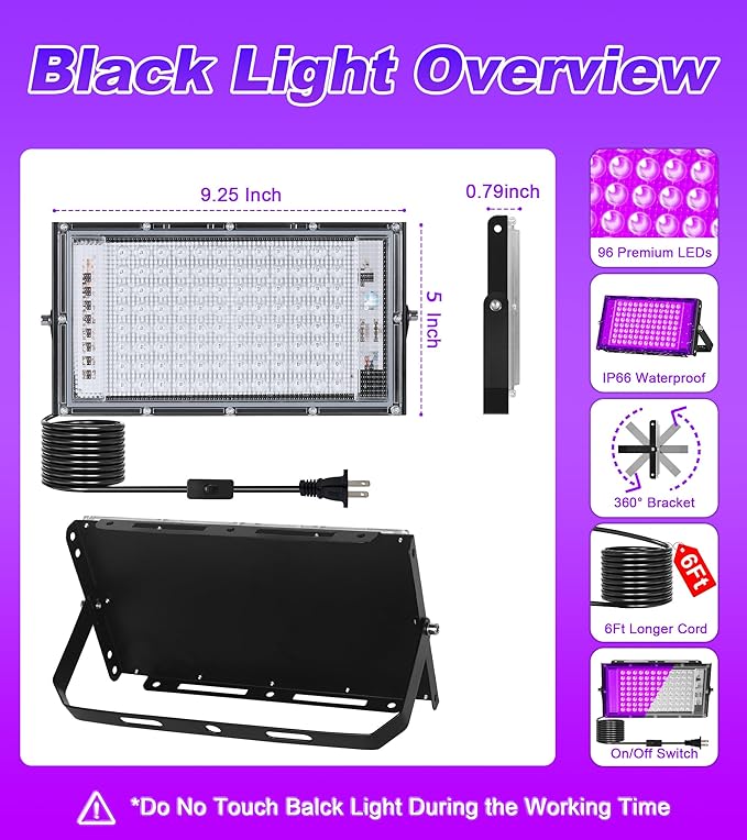 100W LED Black Light IP66 Waterproof, Outdoor Blacklight Flood Light with Plug+Switch+Cord, for Halloween Neon Glow in The Dark Party Body Paint Fluorescent Poster Classroom Club Dance Party, 2 Pack