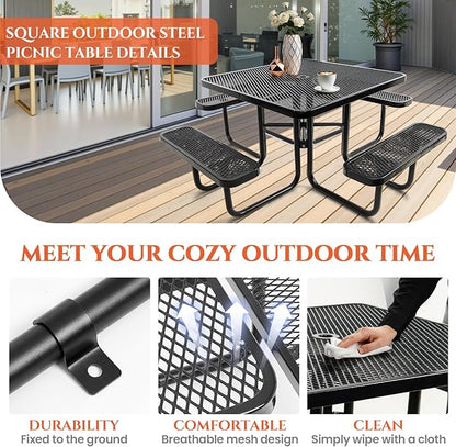 47'' Heavy-Duty Metal Picnic Tables with Umbrella Hole, Outdoor Steel Heavy Duty Commercial Grade Black Table, Outdoor Bench Set for Lawn, Patio, Park, Yard, Garden, Porch (Set A, Square)