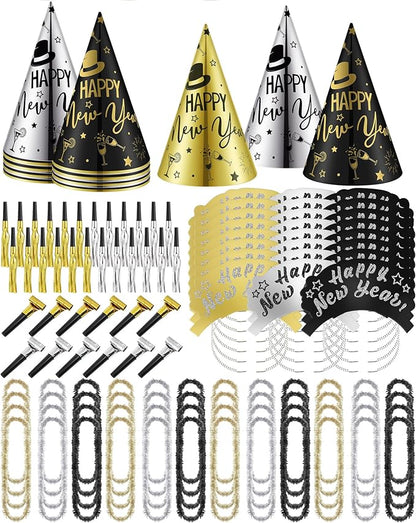 Wettarn 144 Pcs New Years Party Supplies 2026 Happy New Year Decorations Includes 24 Hats, 24 Tiaras, 48 Squawkers, 48 Leis