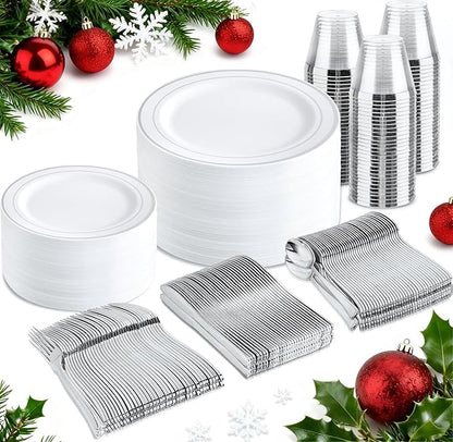 bUCLA 300PCS Silver Disposable Plastic Dinnerware Set - 50 Guests White Silver Disposable Plates Include 50 Dinner Plates,50 Dessert Plates,50 Knives,50 Forks,50 Spoons,50 Cups for Party & Christmas
