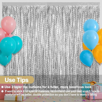 4 Pack Silver Fringe Curtain Backdrop 3.2Ft x 8.2Ft Metallic Tinsel Foil Fringe Streamers Background for Photo Booth Mother's Day, Easter, Carnival, Birthday, Wedding Party Decoration