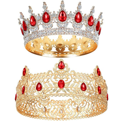 MTLEE 2 Pcs Prom King and Queen Crowns for Men Women King Queen Crowns Tiara with Rhinestone for Wedding Birthday Grad(Red Gold, Red Style)