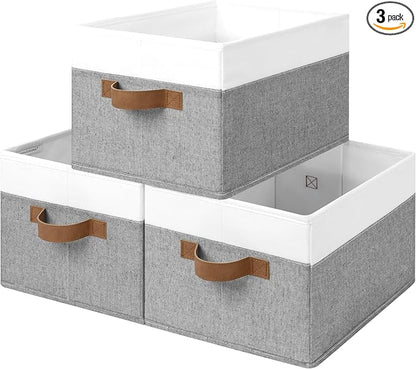 StorageWorks Fabric Shelf Baskets, Closet Organizers and Storage Basket, Foldable Storage Bins for Shelves, Clothes Storage Bins, Gray and White, 3-Pack, Large