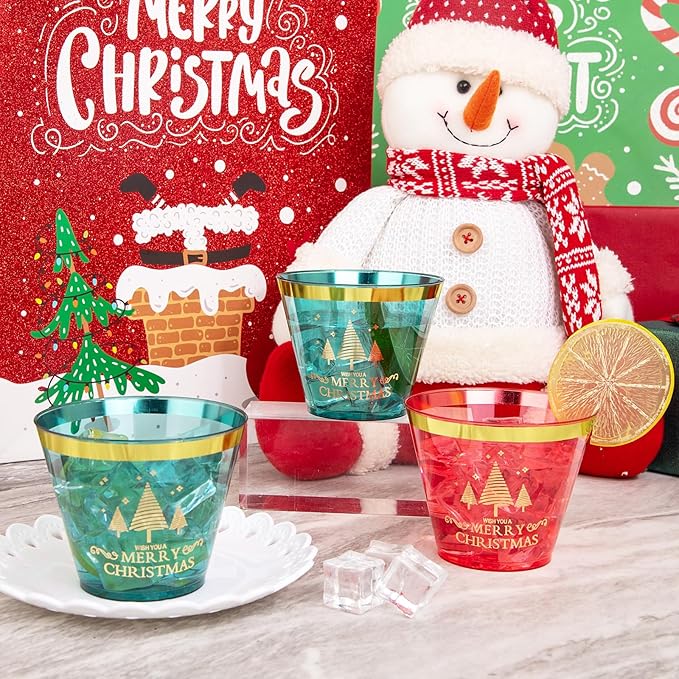 I00000 60PCS Merry Christmas Party Cups - Christmas Disposable Cups 9 Oz Green Party Cups Wine Glasses Gold Rim Clear Plastic Cocktail Cups Tumblers Drinking Cups for Xmas Parties