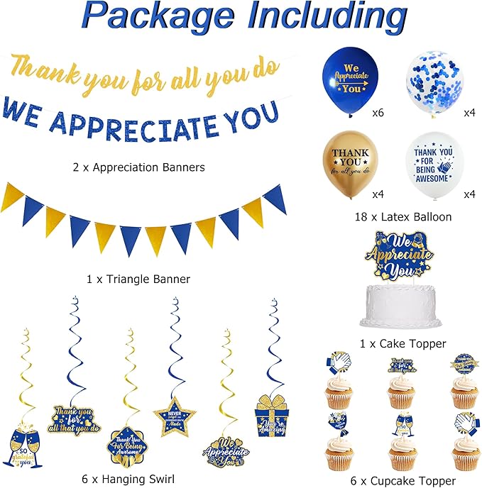 DARUNAXY Blue Gold We Appreciate You Decorations, Thank You All You Do Banner Hanging Swirl Confetti Balloons for Retirement Office Coworker Staff Teachers Nurse Appreciation Gifts Party Supply
