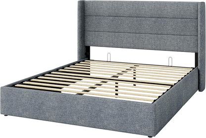 Allewie Queen Size Lift Up Storage Bed, Modern Wingback Headboard, Hydraulic Support, No Box Spring Needed, Grey Blue