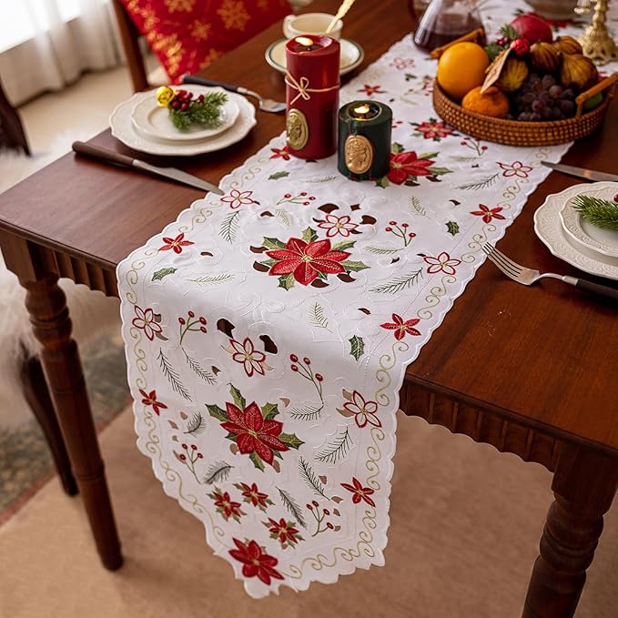 Joyfol Day Christmas Florals Table Runner 14 x 59 Inch, Embroidered Cutwork Poinsettia Holly Leaves Table Runners, Winter Holiday Flowers Tabletop for Xmas Party Decorations