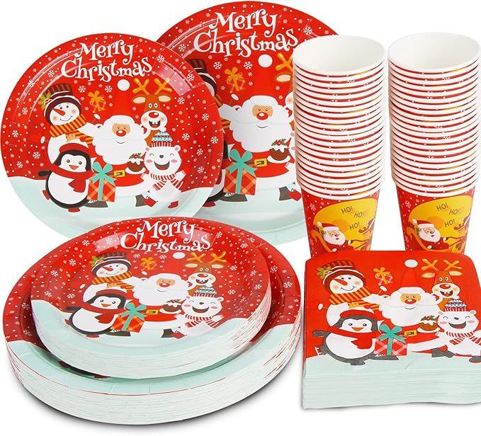 CCINEE Christmas Party Supplies Paper Plates, 96pcs Table Decorations Christmas Disposable Dinnerware Set Includes Paper Plates Napkins Cup Serves 24 for Xmas Holiday Party Supplies