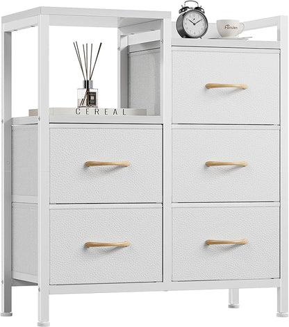 Furnulem 5 Drawer White Dressers for Bedroom 2 Tier Shelf Storage Small Fabric Dresser for Closet Sturdy Metal Frame Modern Style Storage Cabinets Organization Units for Hallway Rooms