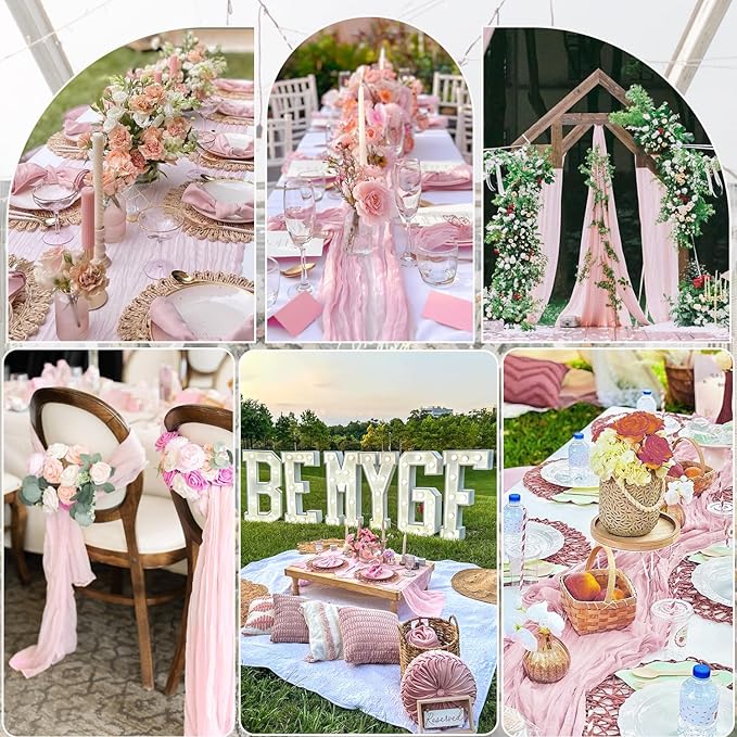 12 Pack Light Pink Table Runner Cheesecloth Rustic Sheer Gauze Table Runner 35x120 Inch for Wedding Baby Shower Bridal Shower Party Fall Thanksgiving Home Decorations