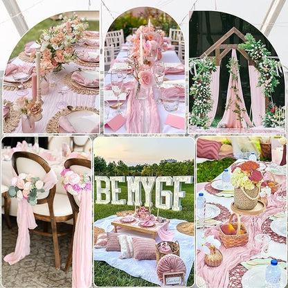 12 Pack Light Pink Table Runner Cheesecloth Rustic Sheer Gauze Table Runner 35x120 Inch for Wedding Baby Shower Bridal Shower Party Fall Thanksgiving Home Decorations