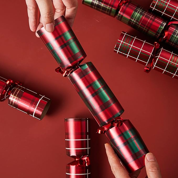 JOYIN 8 Pack Christmas Non-Snap Party Favor, Red Check Plaid Party Table Favor Includes Party Hat, Jokes & Gifts, Xmas Gifts Prizes for Christmas Holiday Dinner Traditions Supplies