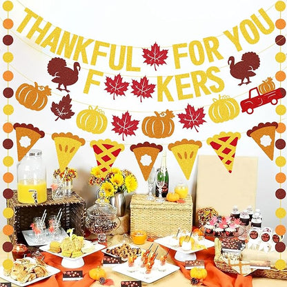 Thankful for You Banner Glitter Friendsgiving Decorations, Happy Thanksgiving Banner Funny Friendsgiving Thanksgiving Party Decorations