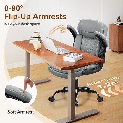 Leather Office Chair, Upgraded PU Computer Desk Chairs with Double-Layer Seat Cushion and Neckrest, 360°Swivel, Ergonomic Small Gaming Chair with Wheels and Adjustable Armrests for Short People, Grey