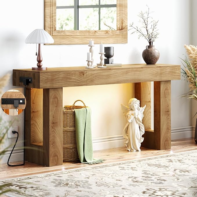 Unikito 63'' Farmhouse Console Table with Power Outlets and Sensor Light, Wooden Entryway Table with Storage, Rectangular Sofa Tables Behind The Couch for Entrance, Hallway, Living Room, Natural Oak