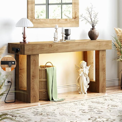 Unikito 63'' Farmhouse Console Table with Power Outlets and Sensor Light, Wooden Entryway Table with Storage, Rectangular Sofa Tables Behind The Couch for Entrance, Hallway, Living Room, Natural Oak