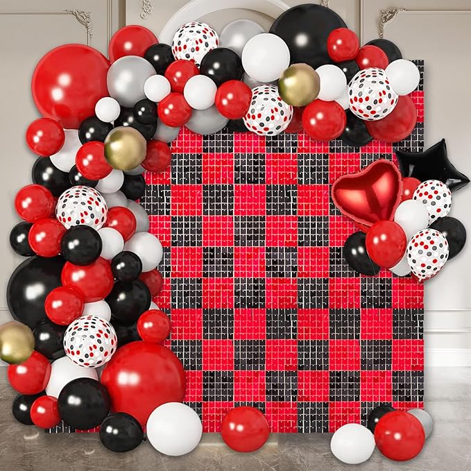 48 PCS Black Red Shimmer Wall Backdrop, Square Sequin Photo Backdrops Panel, Glitter Wall Background for Birthdays, Weddings, Halloween, Engagements, Disco Bachelorette Party Decoration (6FTx8FT)