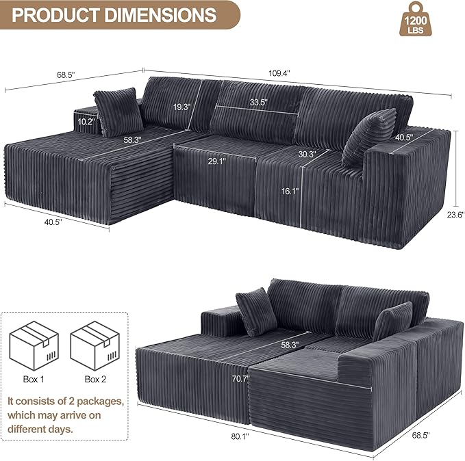 L Shaped Modular Boneless Sectional Couches for Living Room, Wide Armrest, Deep Seat, Memory Foam, Assembly Free, Modern Comfy Corduroy Fluffy Cloud Sofa with Left Chaise, Grey