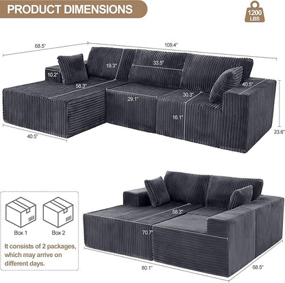 L Shaped Modular Boneless Sectional Couches for Living Room, Wide Armrest, Deep Seat, Memory Foam, Assembly Free, Modern Comfy Corduroy Fluffy Cloud Sofa with Left Chaise, Grey