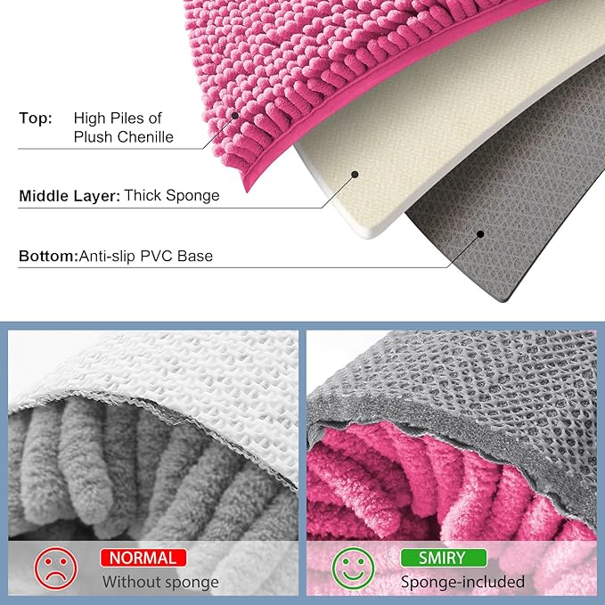 Smiry Luxury Chenille Bathroom Rugs 24x16, Extra Soft and Absorbent Shaggy Bath Mat, Machine Washable, Non-Slip Plush Carpet Runner for Tub, Shower, and Floor, Home Decor Accessories, Hot Pink