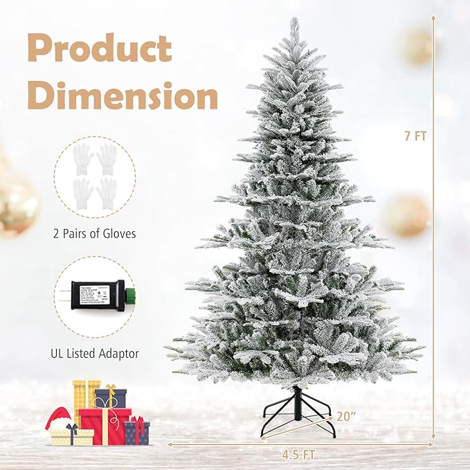 GOFLAME 7FT Pre-Lit Christmas Tree Snow Flocked, Hinged Artificial Xmas Tree with 1119 Branch Tips, 620 Cold White LED Lights, 3 Lighting Modes, Timer, Remote, Holiday Decoration Tree for Home Party