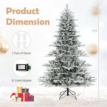 GOFLAME 7FT Pre-Lit Christmas Tree Snow Flocked, Hinged Artificial Xmas Tree with 1119 Branch Tips, 620 Cold White LED Lights, 3 Lighting Modes, Timer, Remote, Holiday Decoration Tree for Home Party