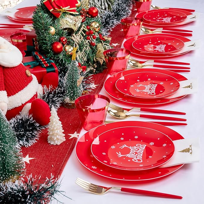 Nervure 175PCS Christmas Plastic Plates - Red and White Disposable Plates & Gold Plastic Silverware with Red Handle include 50 Plates 25Knives 25Forks 25Spoons 25Napkins for Christmas Party