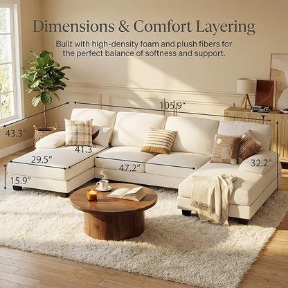 Homall Modular Sectional U Shaped Sofa Couches for Living Room, Comfy Chenille 4 Seat Sofa Set with Removable Pillows, Lounge Chaise Upholstered Couch for for Apartment (Chenille, White)