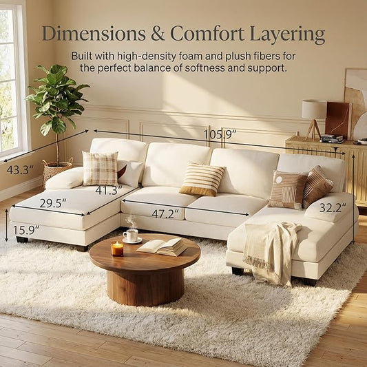 Homall Modular Sectional U Shaped Sofa Couches for Living Room, Comfy Chenille 4 Seat Sofa Set with Removable Pillows, Lounge Chaise Upholstered Couch for for Apartment (Chenille, White)