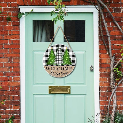 Welcome Winter Front Door Sign 12in Hello Winter Buffalo Plaid Door Sign Farmhouse Pine Trees Wood Door Hanger for Outdoor Outside Porch Rustic Winter Trees Hanging Plaque for Home Wall Decor