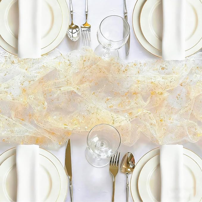10 Packs Gold Table Runners 10 Ft, Sheer Cheese Cloth Tulle Birthday Decorations, Gold Foil Sequin Table Decoration Centerpiece for Party Birthday Wedding Anniversary Christmas