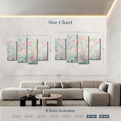 Elephant Stock Dancing Sakura Tree Wall Art - Horizontal Canvas - 4-Piece Living Room Wall Decor - Painting Abstract Canvas Print - Pink and Blue Decor for Wall by Ann Marie Coolick - 75" X 48"