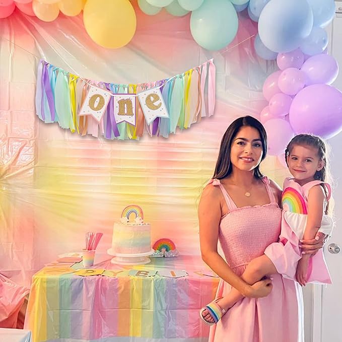 Rainbow High Chair Banner 1st Birthday - Sweet One Highchair Banner, Pastel Rainbow Ribbon Garland Decor for First Birthday Party, Smash Cake, Photo Props