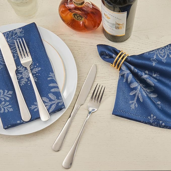 Cloth Napkins Set of 8–Square Jacquard Sparkling Metallic Snowflake Fabric Polyester Washable Reusable Cloth Napkins for Kitchen Dinner Dining Restaurant Wedding Table(Navy Silver/17x17 Inch)