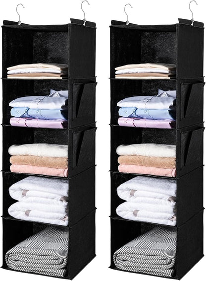 BOOMIBOO Hanging Closet Organize and Shelves，5-Hanging Shelf with 2 Side Pockets，Storage Foldable （2 Pack,Black）