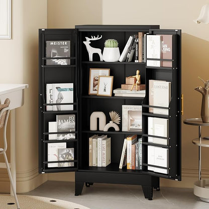 Metal Kitchen Pantry Cabinet, Storage Cabinets with 2 Door and 3 Adjustable Shelves, Black Freestanding Food Storage Cabinet, Steel Cupboard for Kitchen Dinning Room
