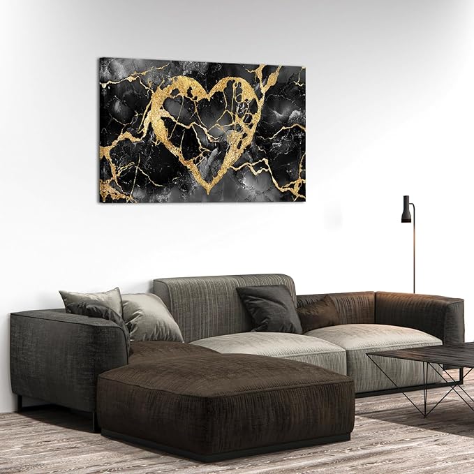 HOMEOART Black and Gold Wall Decor Love Wall Art Gold Heart Picture Marble Print, Living Room Bedroom Love Sign Gothic Decoration, Framed Ready to Hang 24x48inch