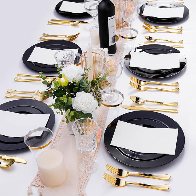 100PCS Black Plastic Plates, Black Disposable Plates for 50 Guests, 50 Dinner Plates 10.25 inch and 50 Dessert Plates 7.5 inch for Party, Graduation, Wedding