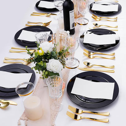 100PCS Black Plastic Plates, Black Disposable Plates for 50 Guests, 50 Dinner Plates 10.25 inch and 50 Dessert Plates 7.5 inch for Party, Graduation, Wedding