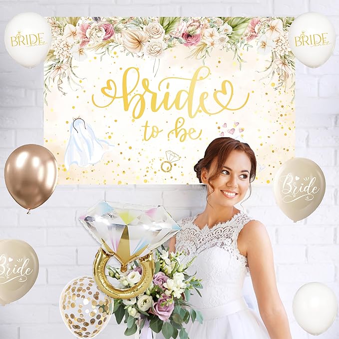 Bride to Be Decorations,White Gold Bridal Shower Balloons Kit with Backdrop,Bachelorette Party Decorations, Diamond Ring Foil Balloons,Cake Toppers