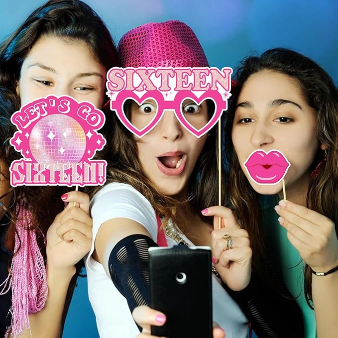16th Birthday Party Photo Booth Props, Hot Pink Photo Booth Props for Girls 16th Birthday, Sweet Sixteen 16th Happy Birthday Party Decorations Supplies Favors