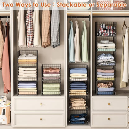 5-Tier Stackable Closet Storage Baskets, Closet Organizers and Storage Shelves, Foldable & Stackable Clothes Storage Bins for Closet Organizer System, Closet Shelf Organizer for Home,Black