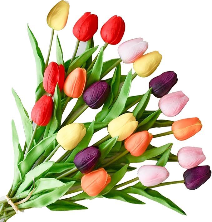 ONLY ART Artificial Multicolor Tulips 20 Pcs – 13.5 Inch PU Faux Flowers with Bendable Stems for Home Décor, Wedding Centerpieces, DIY Floral Arrangements, Table Decorations