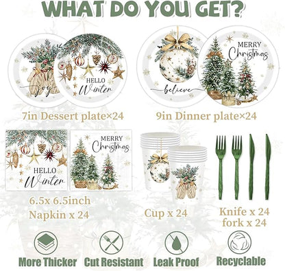 144Pcs Merry Christmas Paper Plates and Napkins -Snowflake Christmas Tree Bell Dinnerware Set for Hello Winter Holiday Xmas Party Supplies
