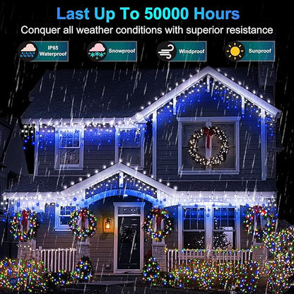 792 LED Christmas Outdoor Lights with 176 Drops, 82ft Hanging Curtain Lights 8 Modes, Christmas Fairy Lighs with Timer & Memory for House Roof Holiday Wedding ChristmasDecor Blue & Cool White