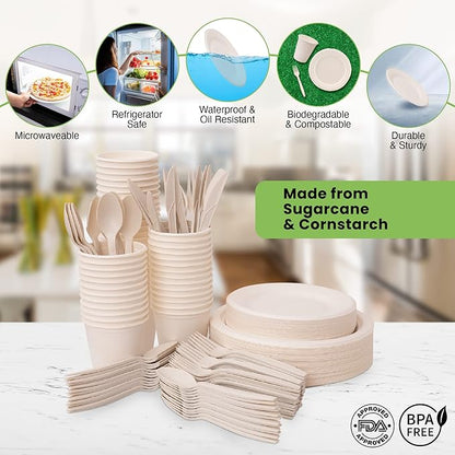 300 Piece (50 Sets) Biodegradable Paper Plates Set (EXTRA LONG UTENSILS), Disposable Dinnerware Set, Eco Friendly Compostable Plates & Utensil include Plates, Cups, Forks, Knives and Spoons