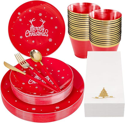 Nervure 175PCS Christmas Plastic Plates - Red and White Disposable Plates & Gold Plastic Silverware with Red Handle include 50 Plates 25Knives 25Forks 25Spoons 25Napkins for Christmas Party