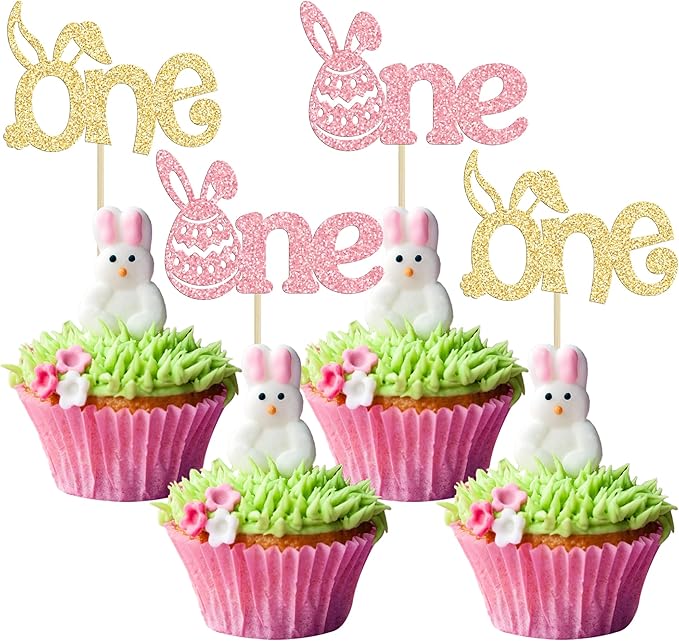 Ephlyn 24Pcs Pink Gold Glitter Cupcake Toppers - Happy Easter & Birthday Cake Decorations for Spring Parties