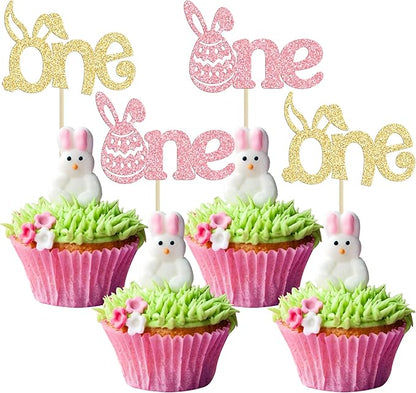 Ephlyn 24Pcs Pink Gold Glitter Cupcake Toppers - Happy Easter & Birthday Cake Decorations for Spring Parties